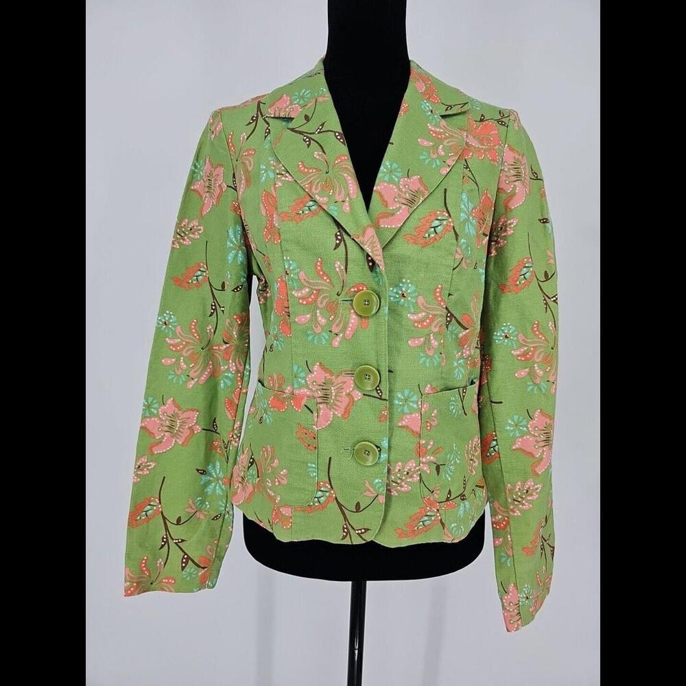 Vintage Women's Linen Floral Blazer 4 Pink Green Career wear Work Boho